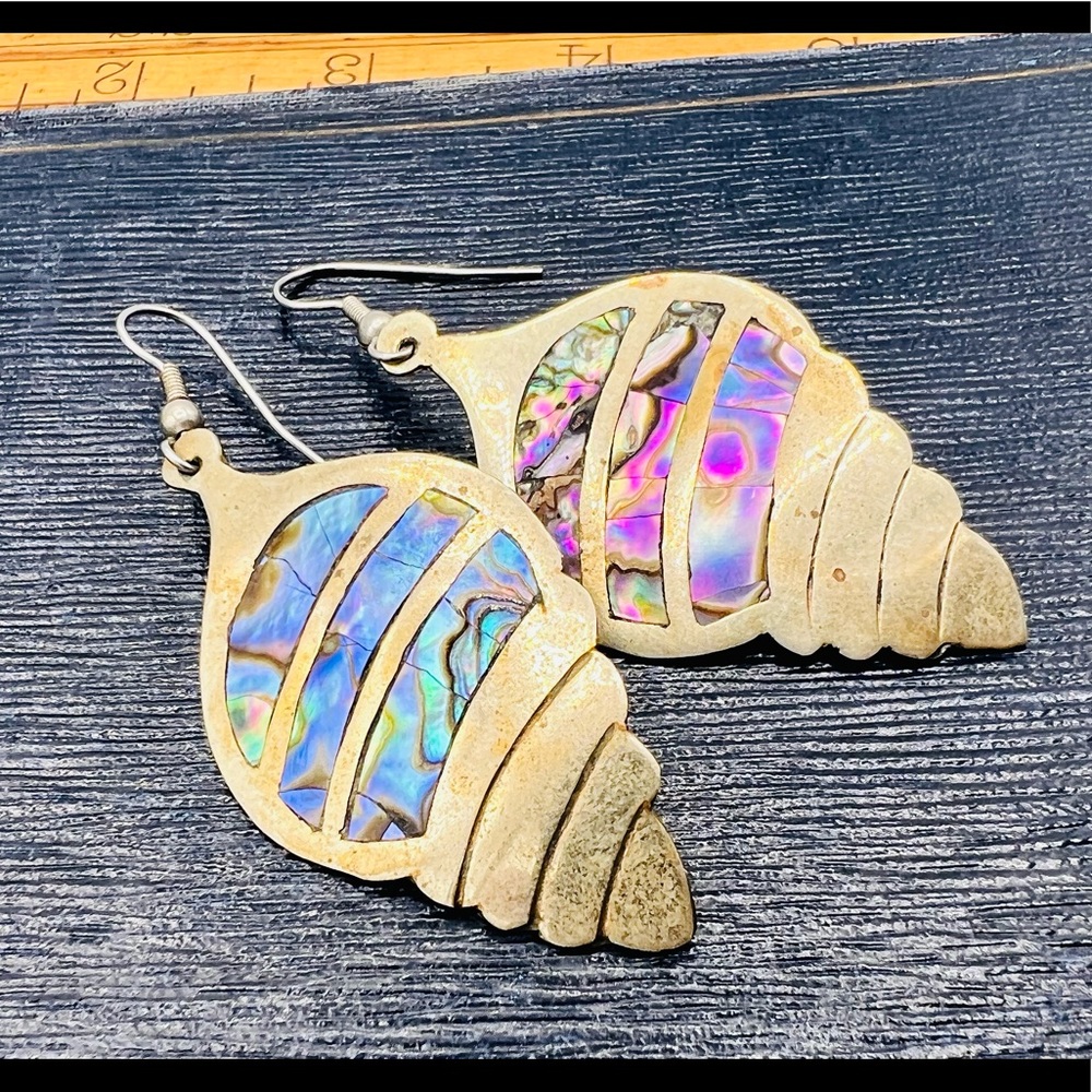 Vintage silver ALPACA MEXICO abalone shell earrings dangles - Picture 6 of 10